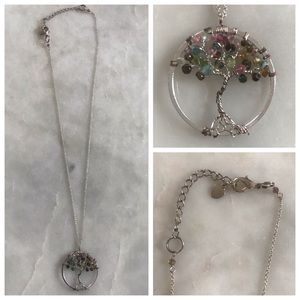 Silver Tree Pendant Necklace w/ Multicolor Beads